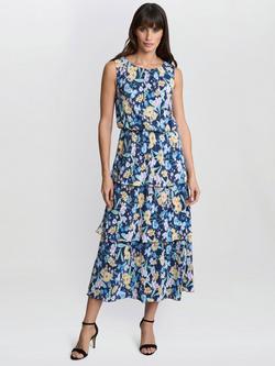 Gina Bacconi Zara Floral Plisse Tiered Dress, Navy/Multi, Navy/Multi