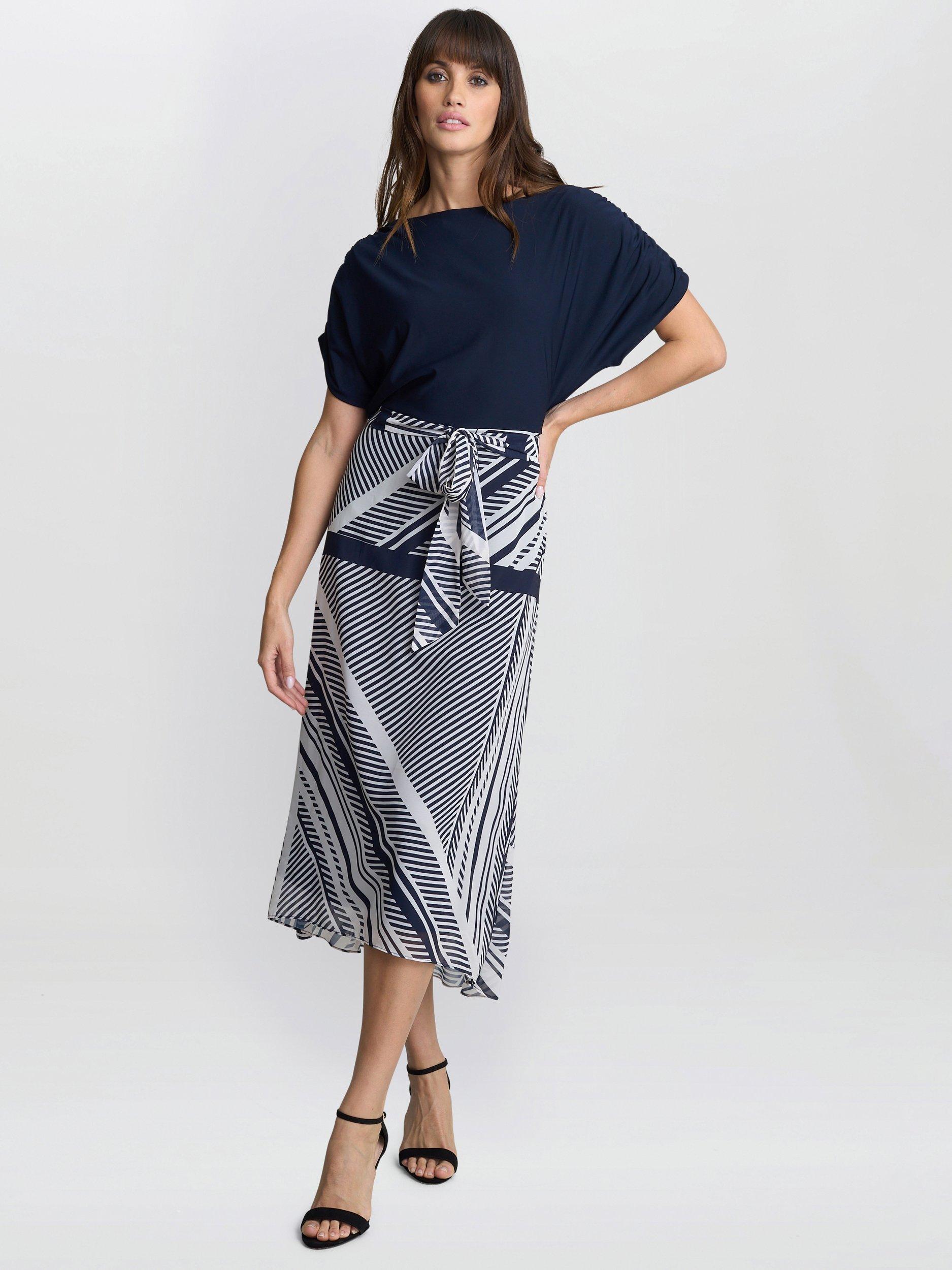 Product image 1 of 5, which shows Gina Bacconi Brooke Stripe Midi Dress, Navy/Multi, 10