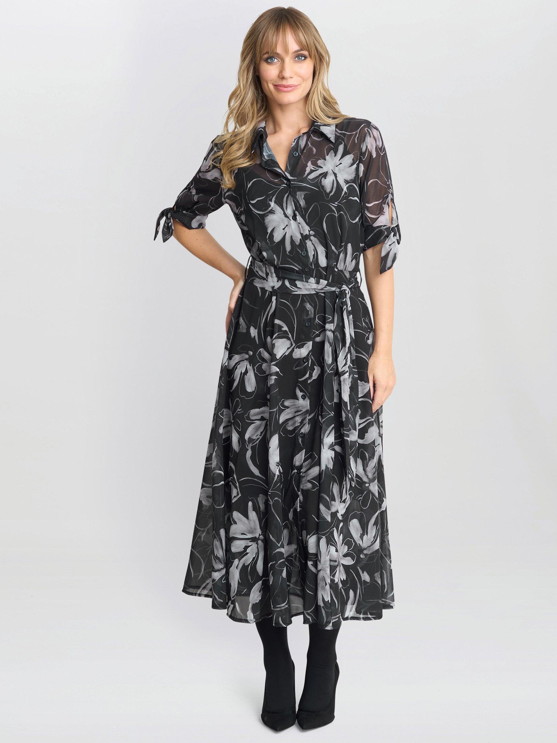 Product image 1 of 5, which shows Gina Bacconi Adrienne Floral Shirt Dress, Black / White, S