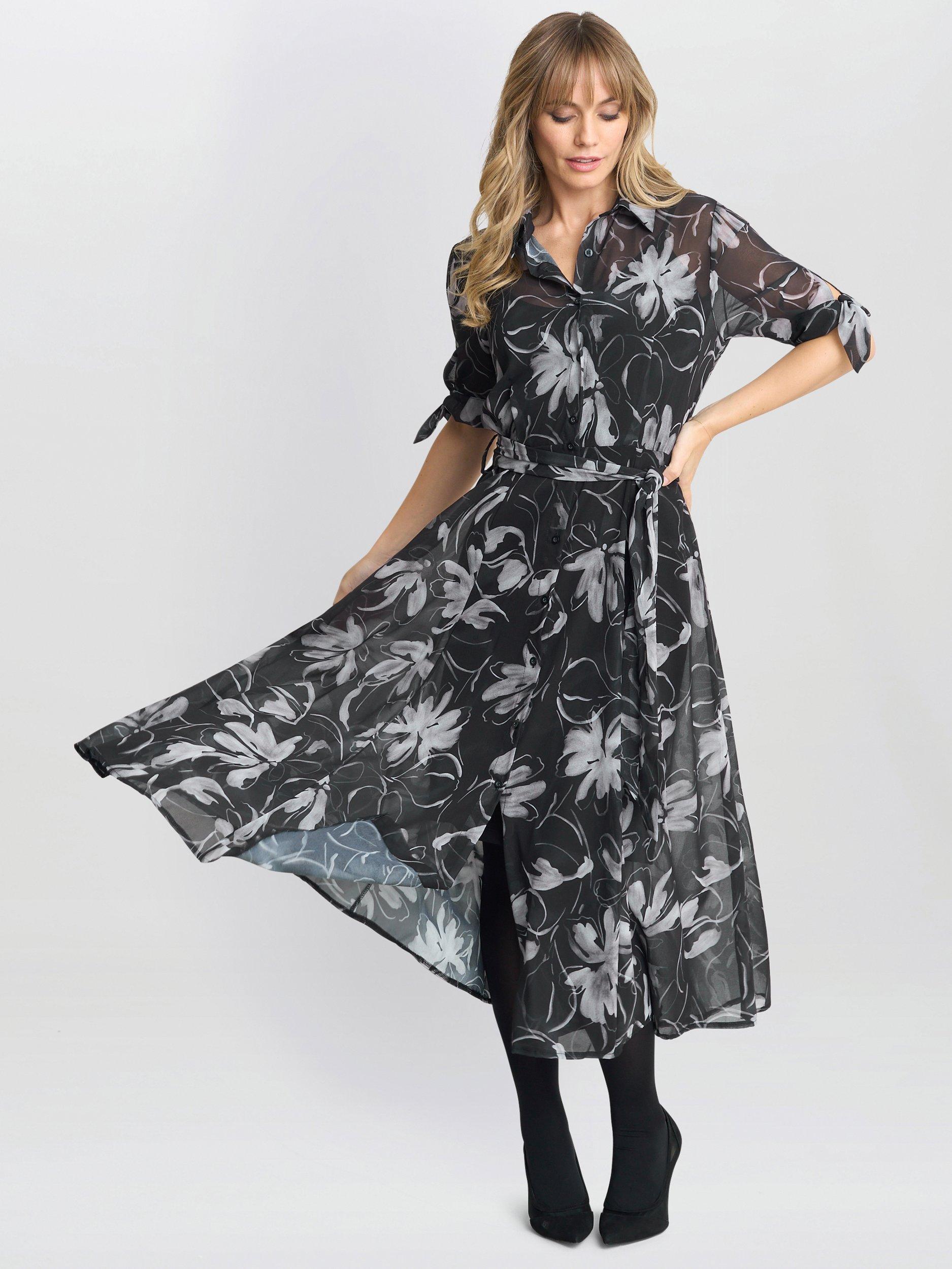 Product image 3 of 5, which shows Gina Bacconi Adrienne Floral Shirt Dress, Black / White, S