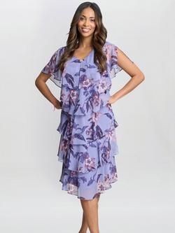 Gina Bacconi Floral Tiered Midi Dress, Blue/Multi, Blue/Multi