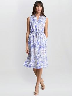 Gina Bacconi Adalynn Floral Linen Rich Shirt Dress, Blue, Blue