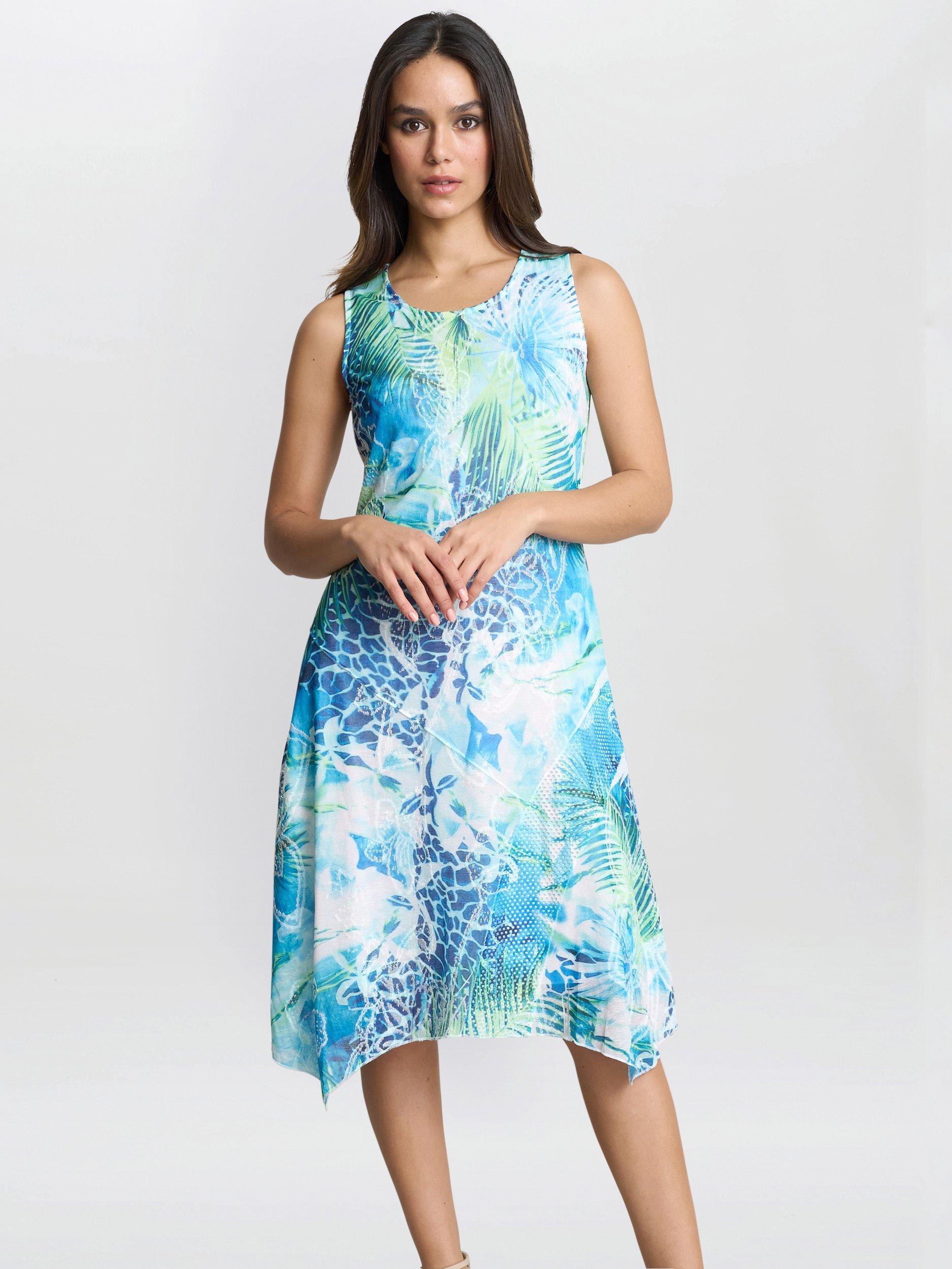Product image 1 of 5, which shows Gina Bacconi Eliana Tropical Sleeveless Dress, Blue/Multi, S
