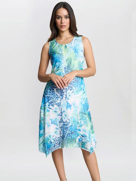 Gina Bacconi Eliana Tropical Sleeveless Dress, Blue/Multi, Blue/Multi