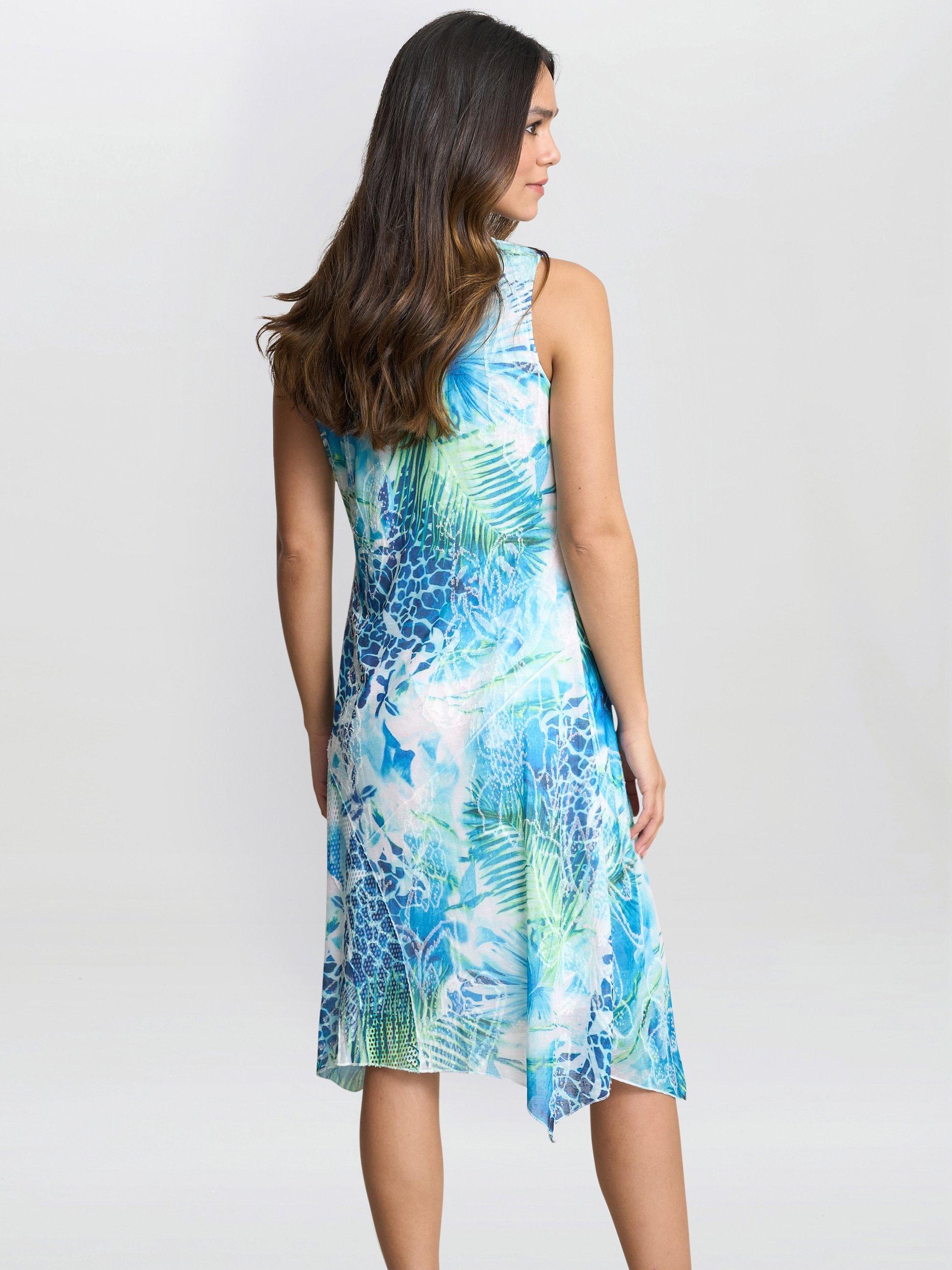 Product image 2 of 5, which shows Gina Bacconi Eliana Tropical Sleeveless Dress, Blue/Multi, S