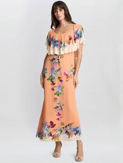 Gina Bacconi Samantha Floral Off Shoulder Frill Dress, Orange/Multi, Orange/Multi