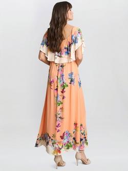 Gina Bacconi Samantha Floral Off Shoulder Frill Dress, Orange/Multi - view 2, Orange/Multi