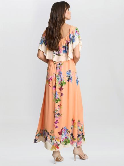 Gina Bacconi Samantha Floral Off Shoulder Frill Dress, Orange/Multi - view 2, Orange/Multi