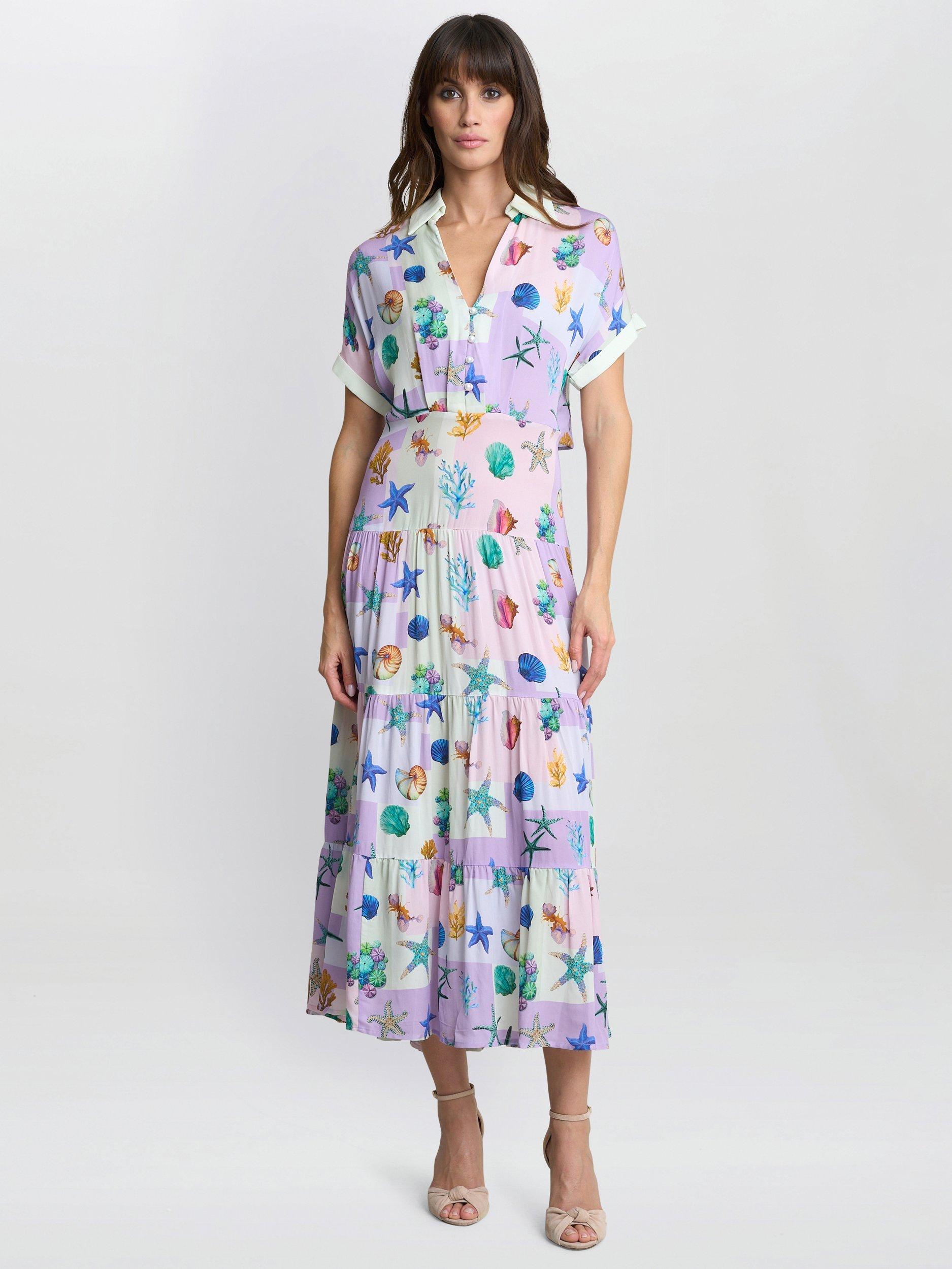 Product image 1 of 6, which shows Gina Bacconi Liv Seashell Shirt Dress, Purple/Multi, XS