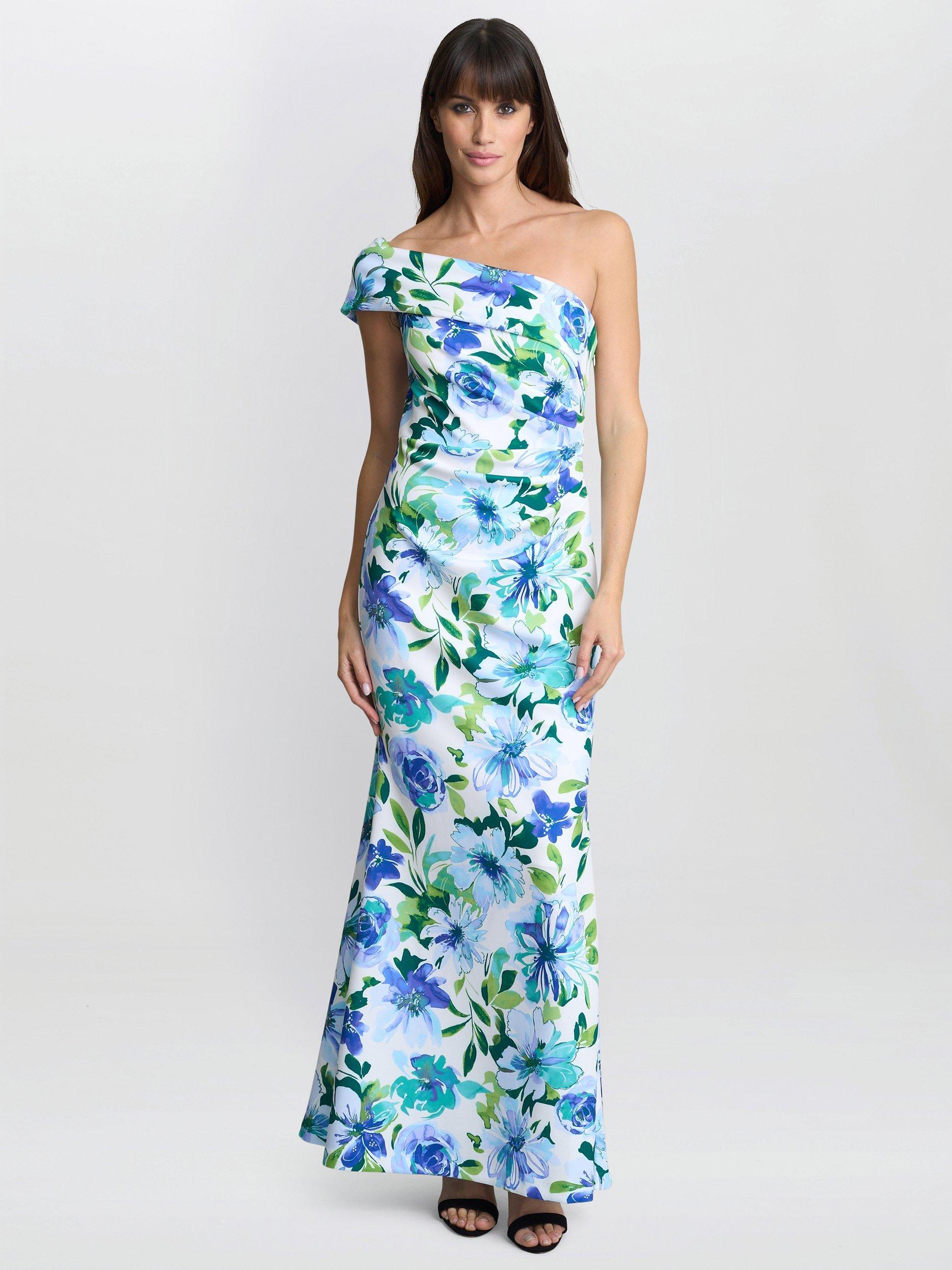 Product image 1 of 7, which shows Gina Bacconi Floral Off Shoulder Ruched Maxi Dress, Blue, 8