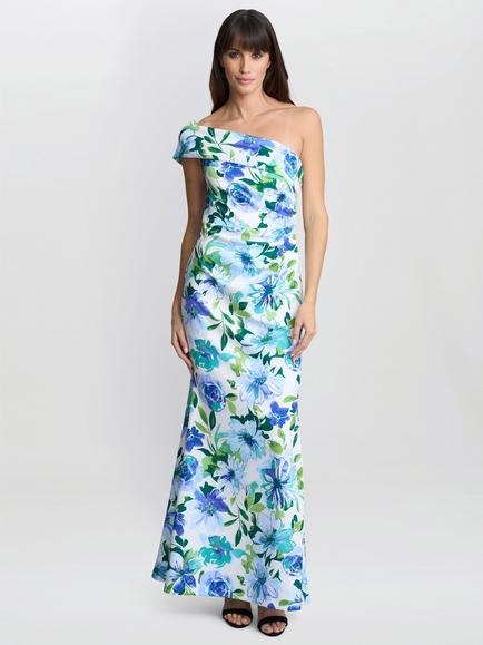 Gina Bacconi Floral Off Shoulder Ruched Maxi Dress, Blue, Blue