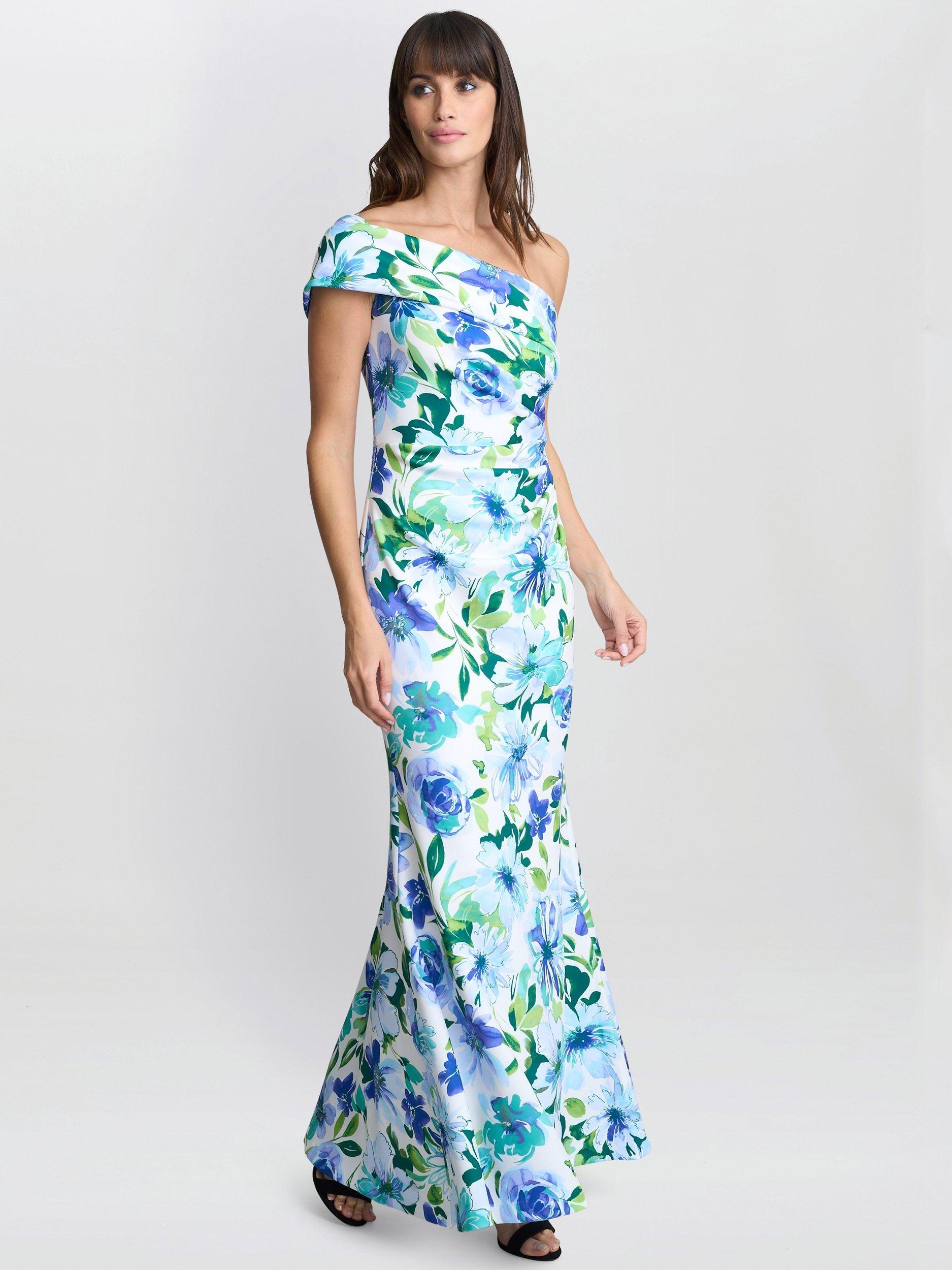 Product image 3 of 7, which shows Gina Bacconi Floral Off Shoulder Ruched Maxi Dress, Blue, 8