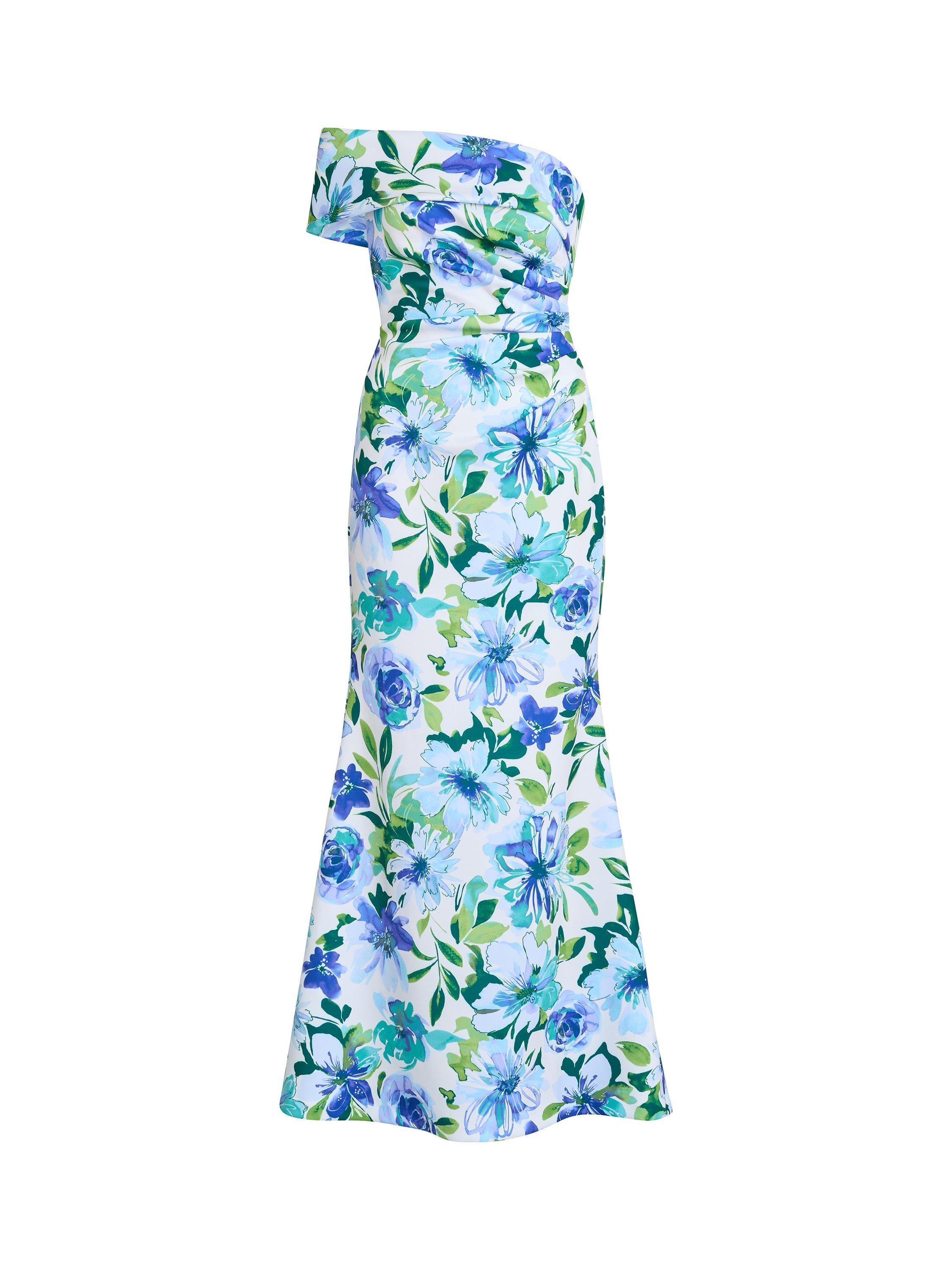 Product image 4 of 7, which shows Gina Bacconi Floral Off Shoulder Ruched Maxi Dress, Blue, 8