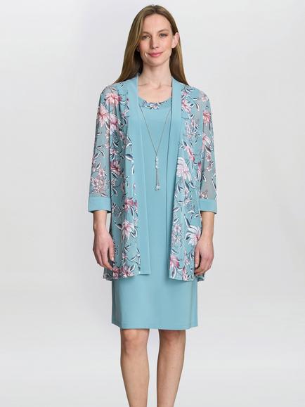 Gina Bacconi Callie Dress & Floral Jacket Set, Aqua, Aqua
