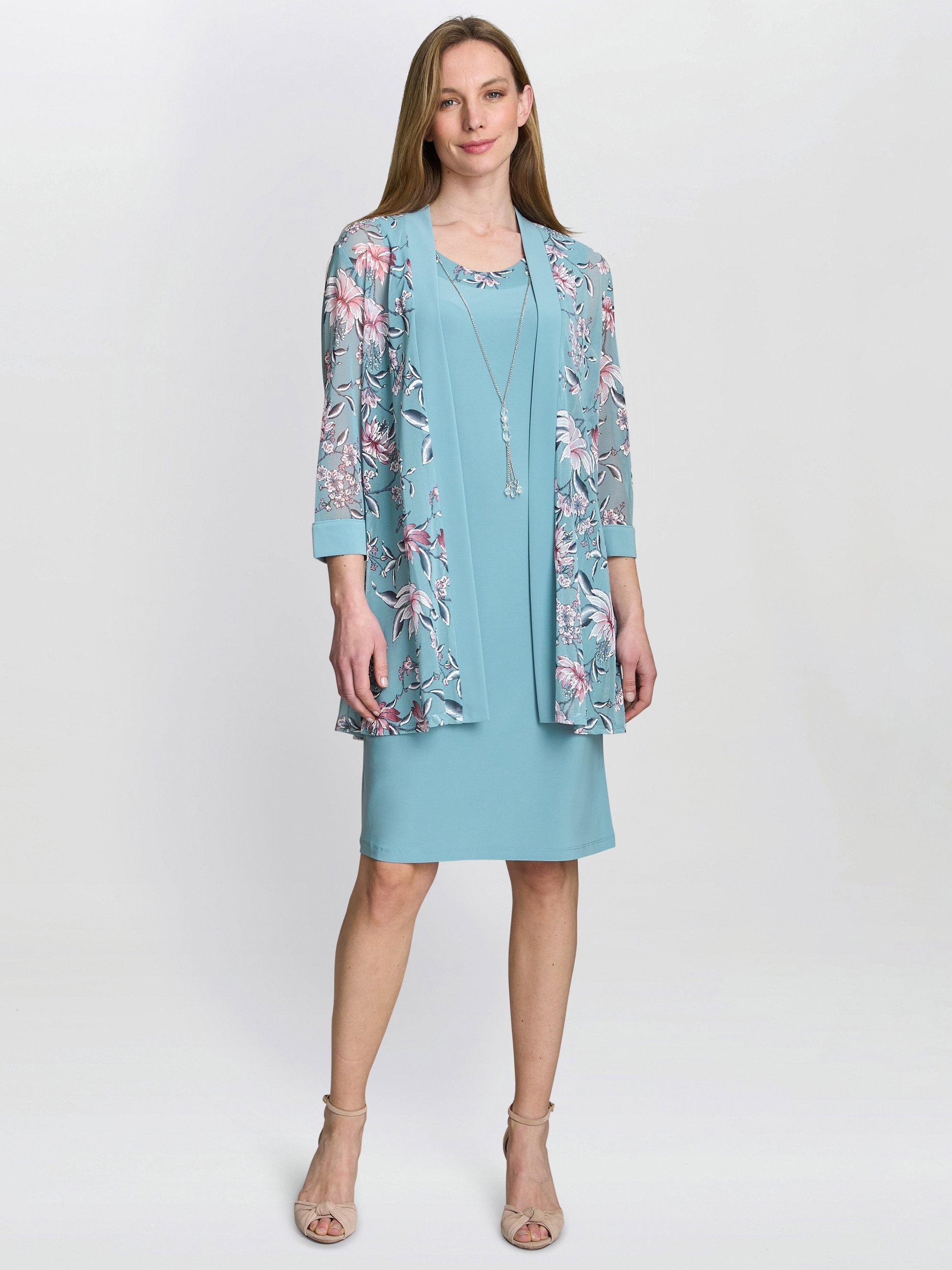 Product image 6 of 10, which shows Gina Bacconi Callie Dress & Floral Jacket Set, Aqua, 10