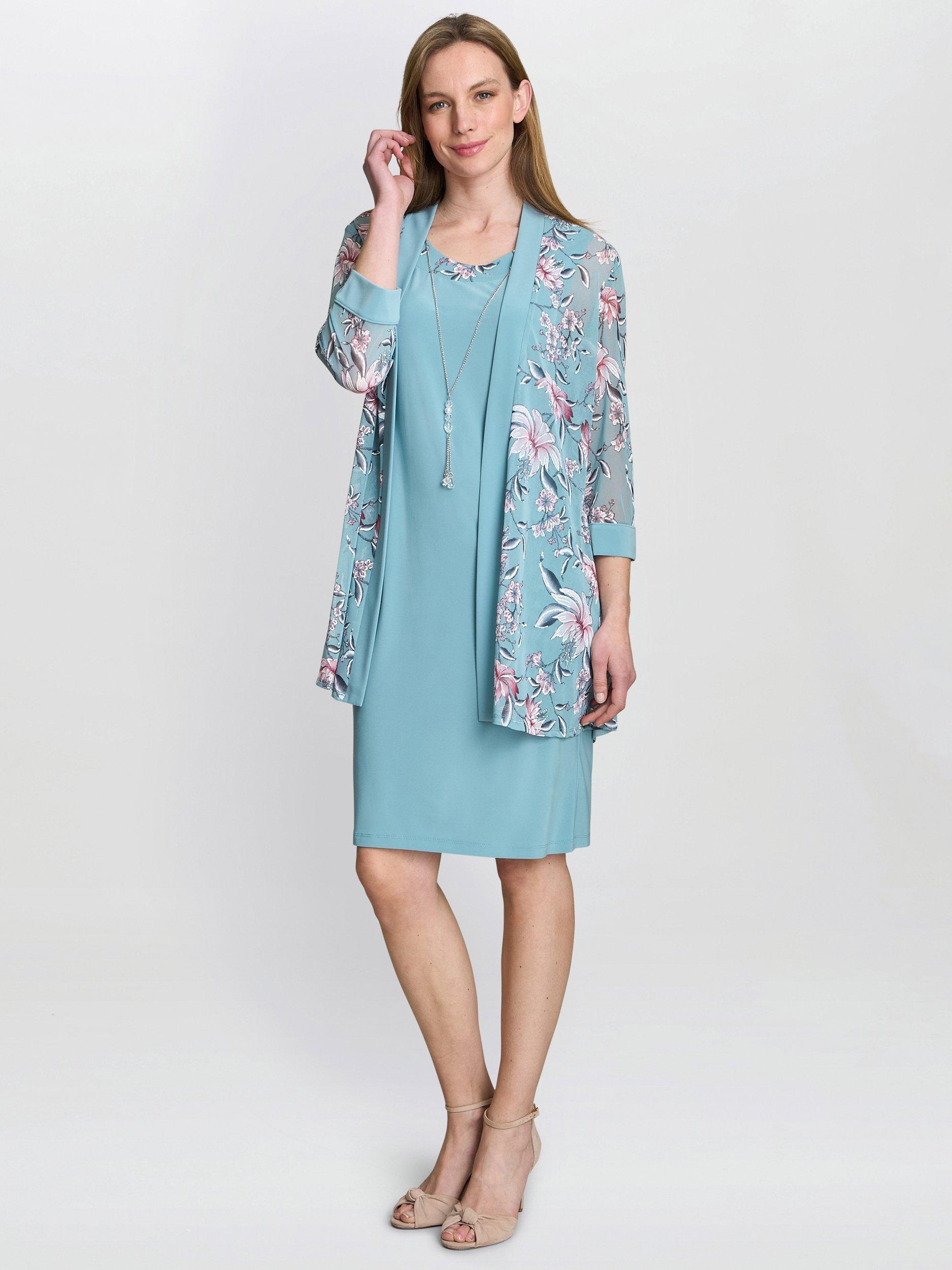 Product image 7 of 10, which shows Gina Bacconi Callie Dress & Floral Jacket Set, Aqua, 10