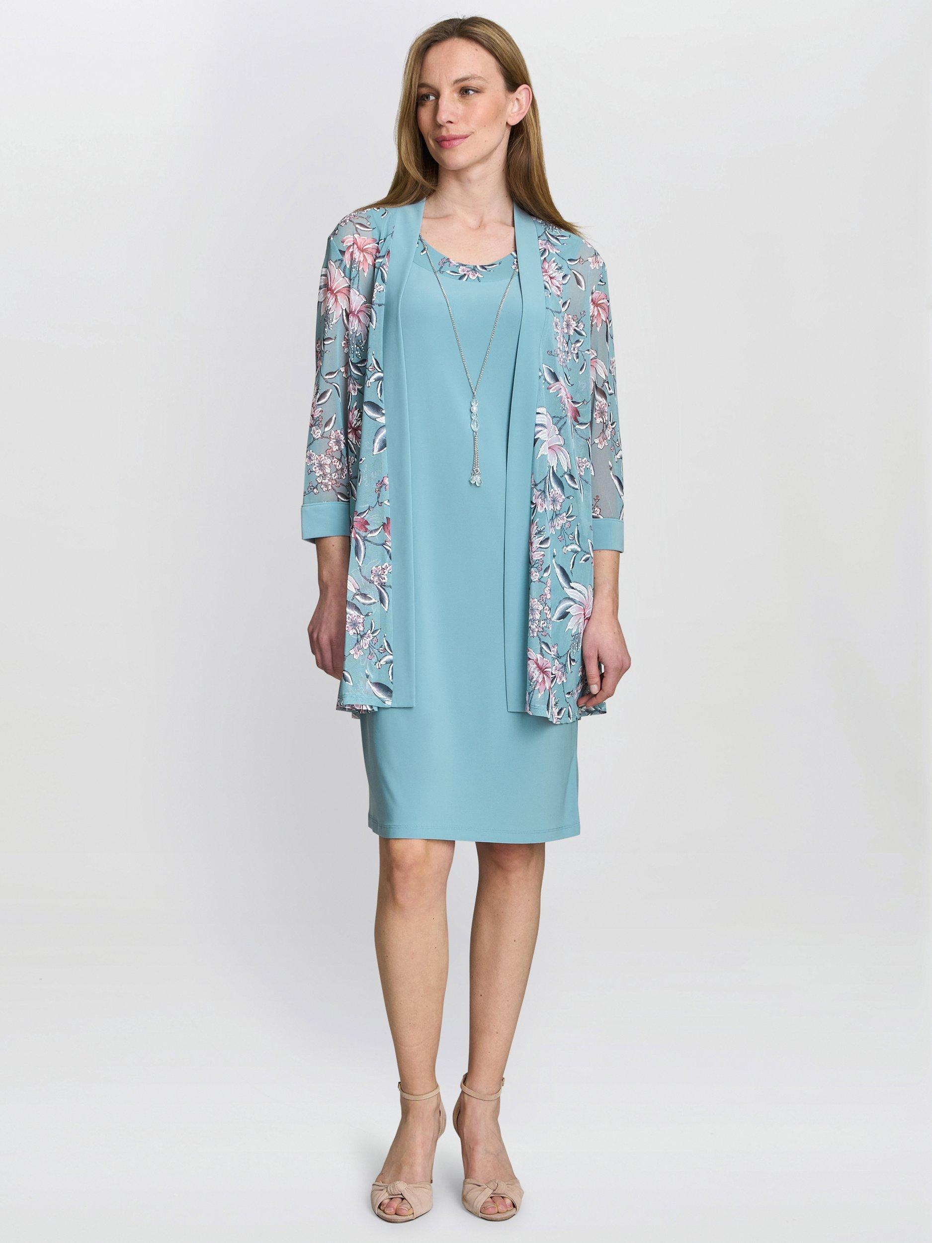 Product image 8 of 10, which shows Gina Bacconi Callie Dress & Floral Jacket Set, Aqua, 10