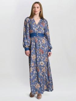 Gina Bacconi Regina Waist Detail Floral Maxi Dress, Blue, Blue