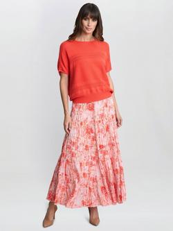 Gina Bacconi Isabelle Floral Pleated Skirt, Orange/Multi, Orange/Multi