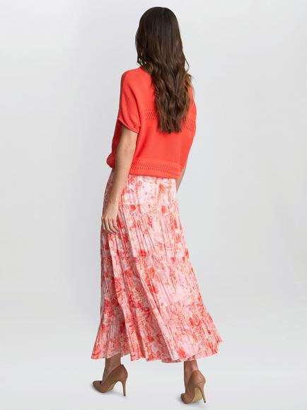 Gina Bacconi Isabelle Floral Pleated Skirt, Orange/Multi - view 2, Orange/Multi