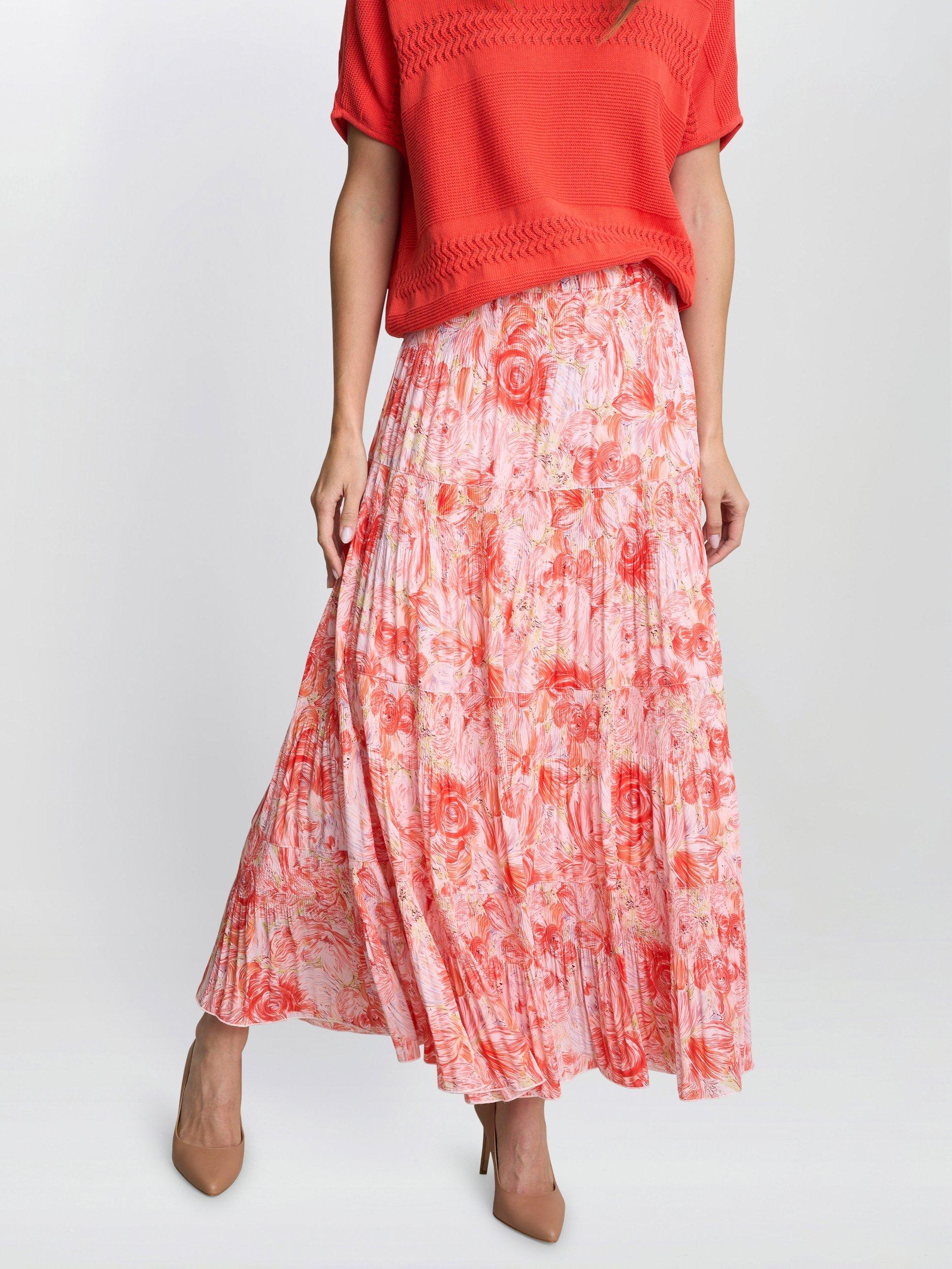 Product image 3 of 5, which shows Gina Bacconi Isabelle Floral Pleated Skirt, Orange/Multi, S