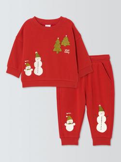 John Lewis Baby Christmas Sweatshirt and Lounge Pants Set, Red, Red