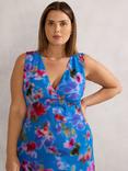 Live Unlimited Curve Blurred Floral Sleeveless Dress, Blue/Multi
