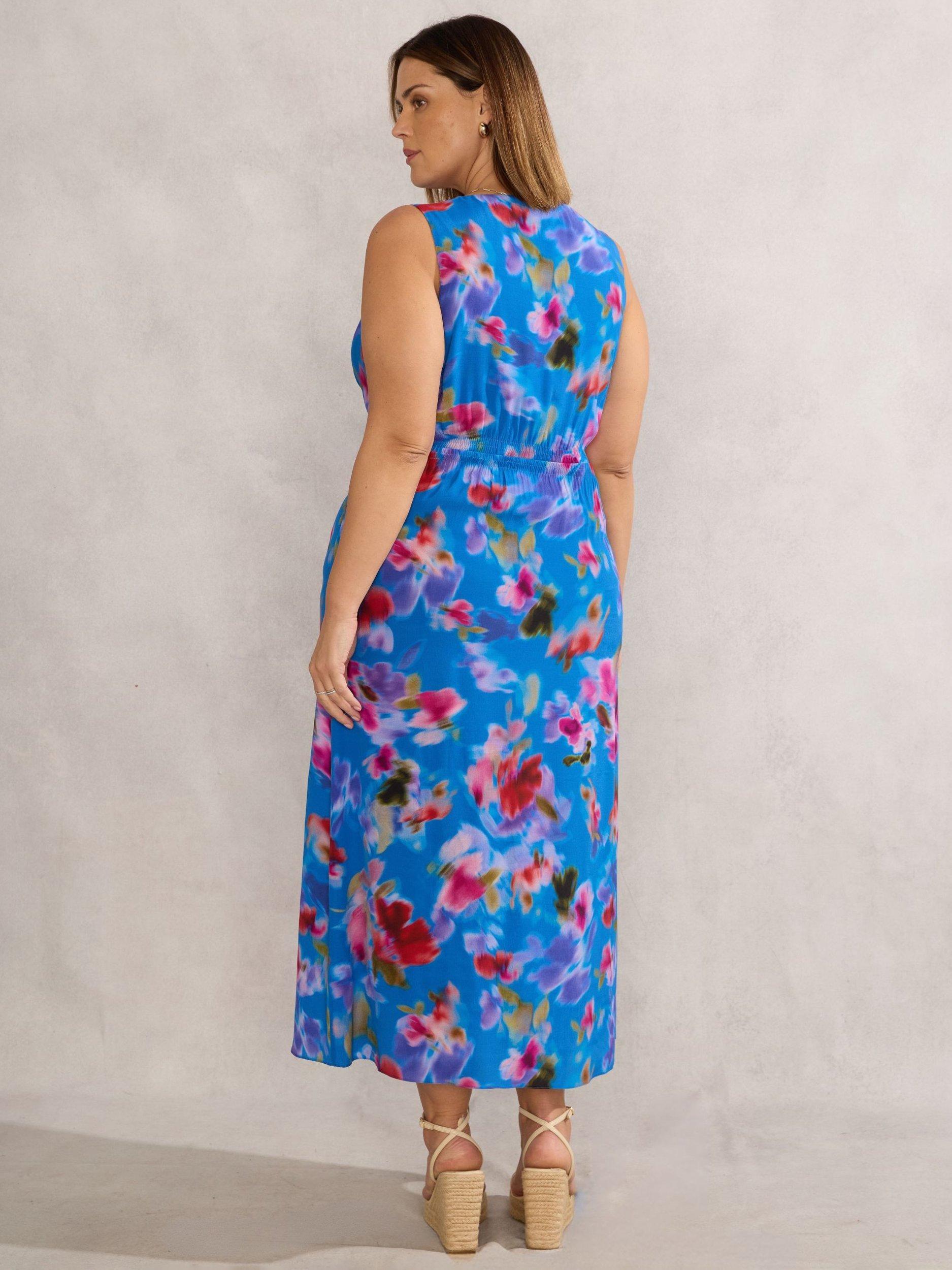 Product image 3 of 3, which shows Live Unlimited Curve Blurred Floral Sleeveless Dress, Blue/Multi, 12
