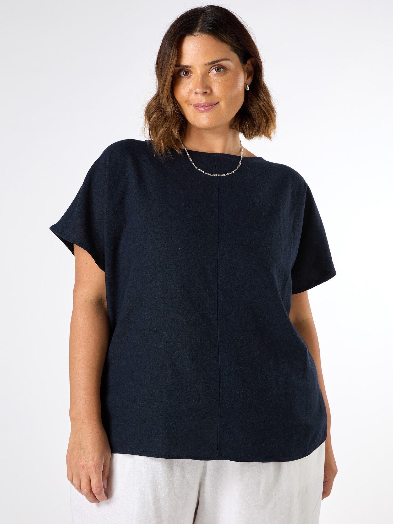 Product image 1 of 3, which shows Live Unlimited Curve Linen Blend T-Shirt, Navy, 14