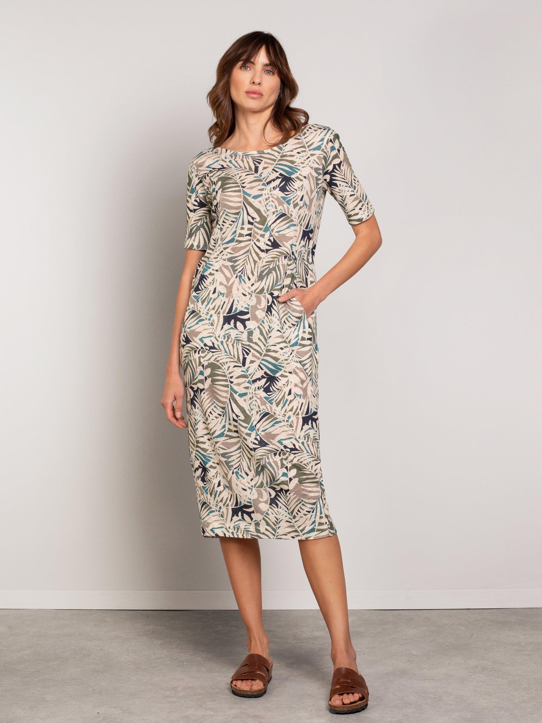 Product image 1 of 6, which shows Celtic & Co. Abstract Floral Button Back Dress, Oatmeal Palm, 8