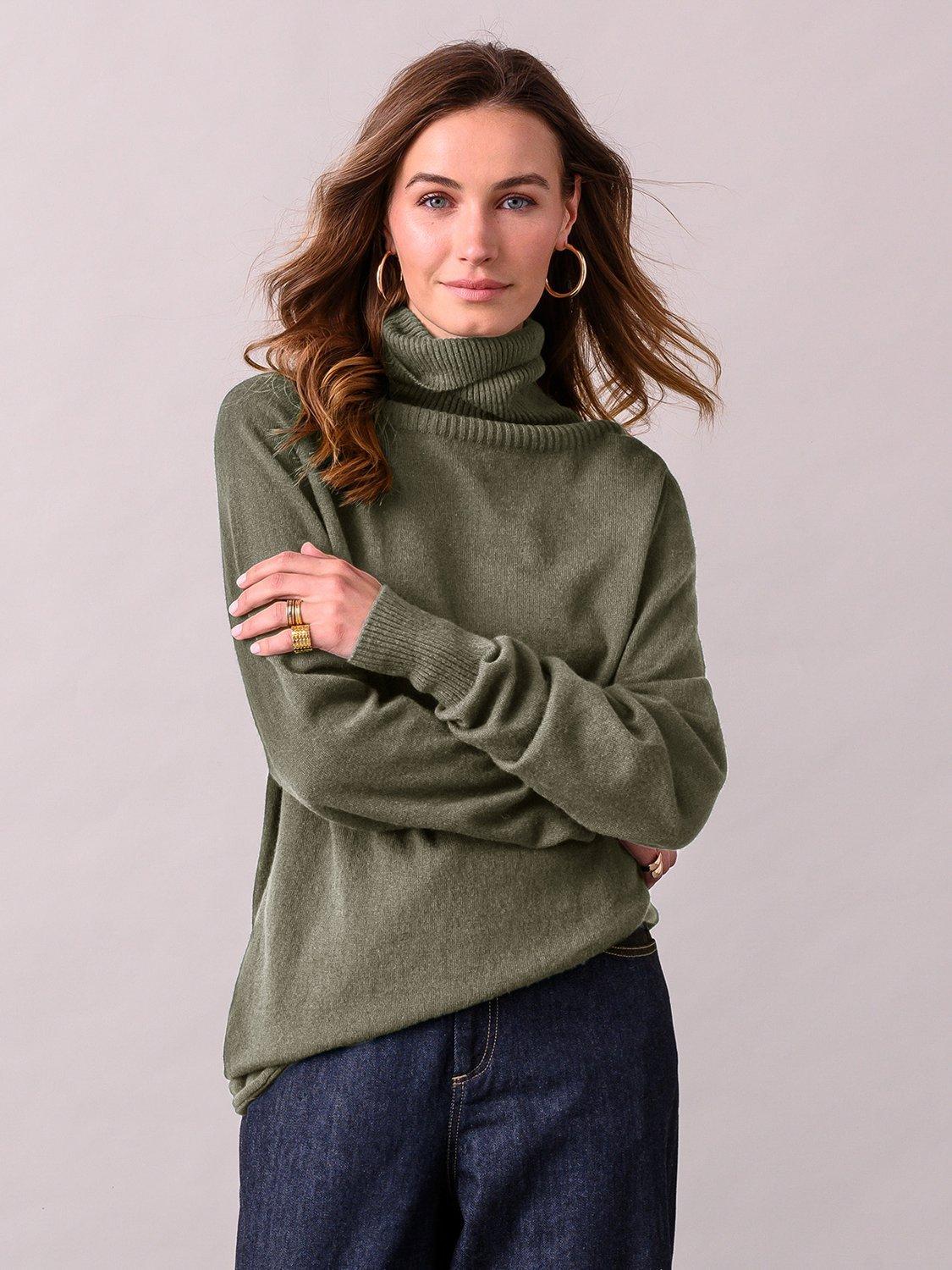 Product image 1 of 5, which shows Celtic & Co. Geelong Slouch Roll Neck Jumper, Moss, XS