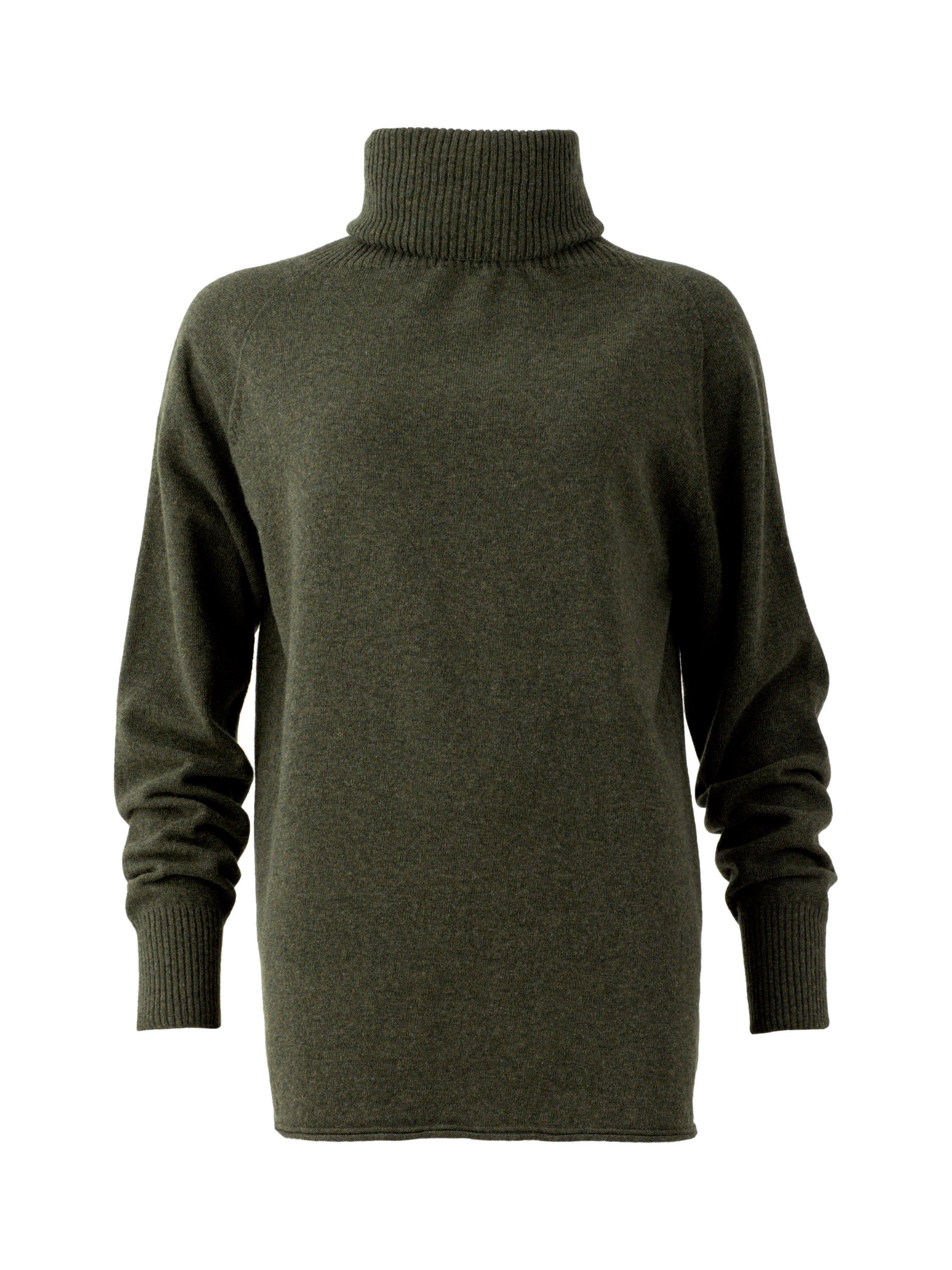 Product image 2 of 5, which shows Celtic & Co. Geelong Slouch Roll Neck Jumper, Moss, XS