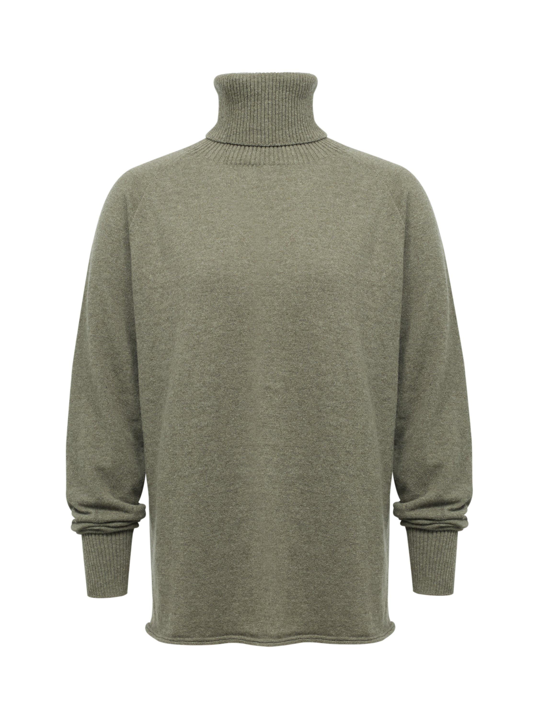 Product image 3 of 5, which shows Celtic & Co. Geelong Slouch Roll Neck Jumper, Moss, XS