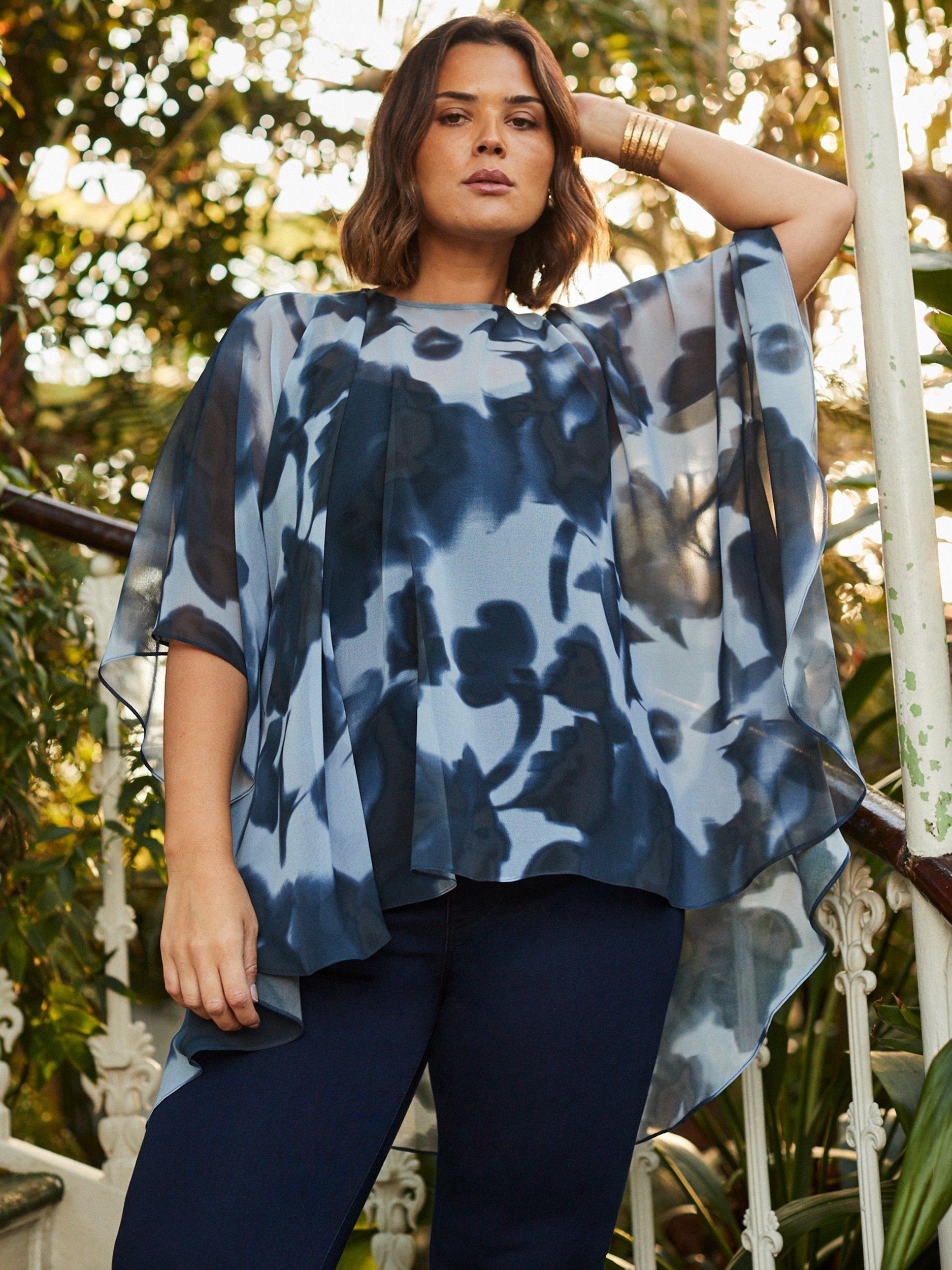 Product image 1 of 6, which shows Live Unlimited Curve Abstract Floral High Low Overlay Top, Blue, 12