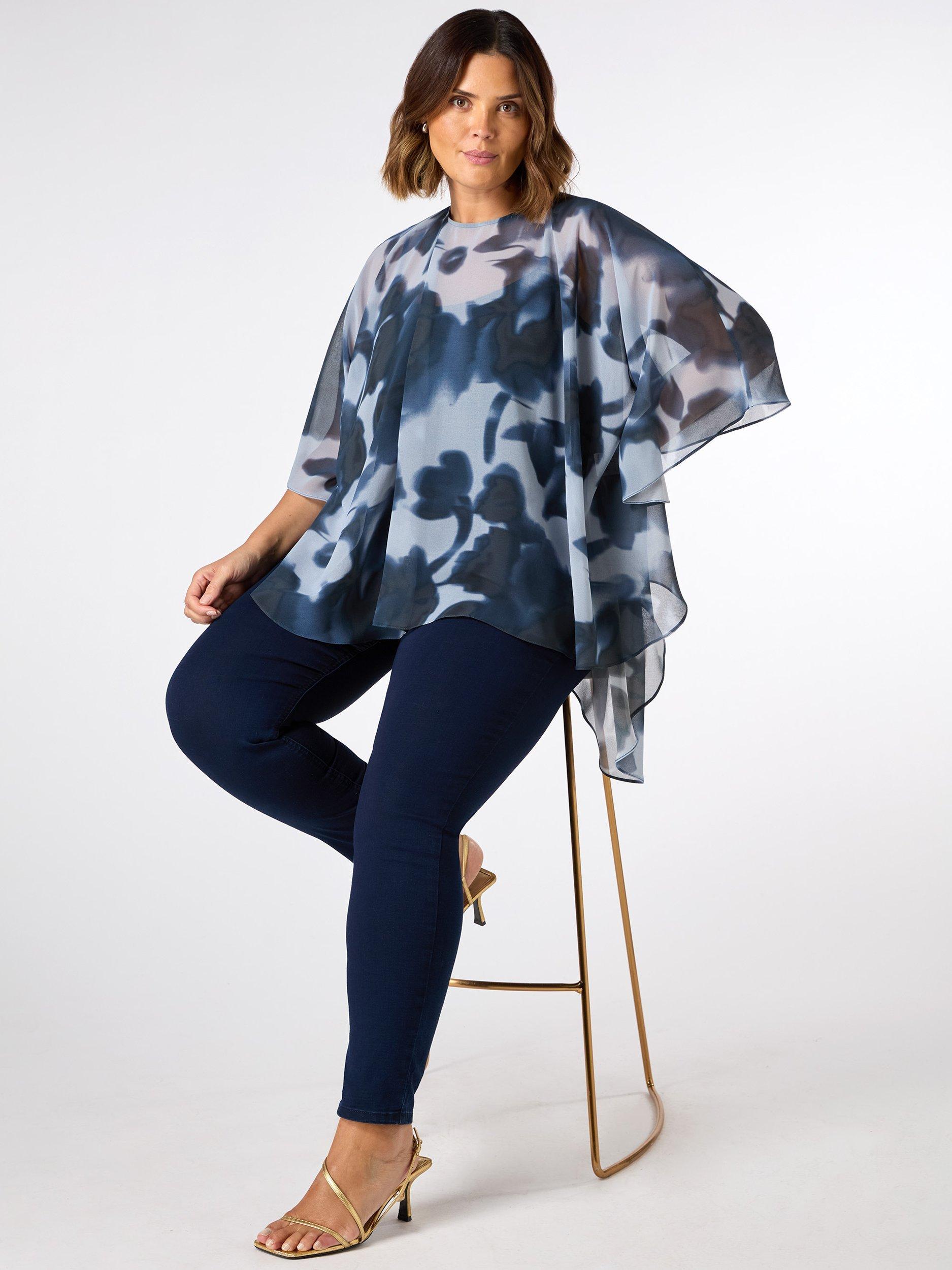 Product image 3 of 6, which shows Live Unlimited Curve Abstract Floral High Low Overlay Top, Blue, 12