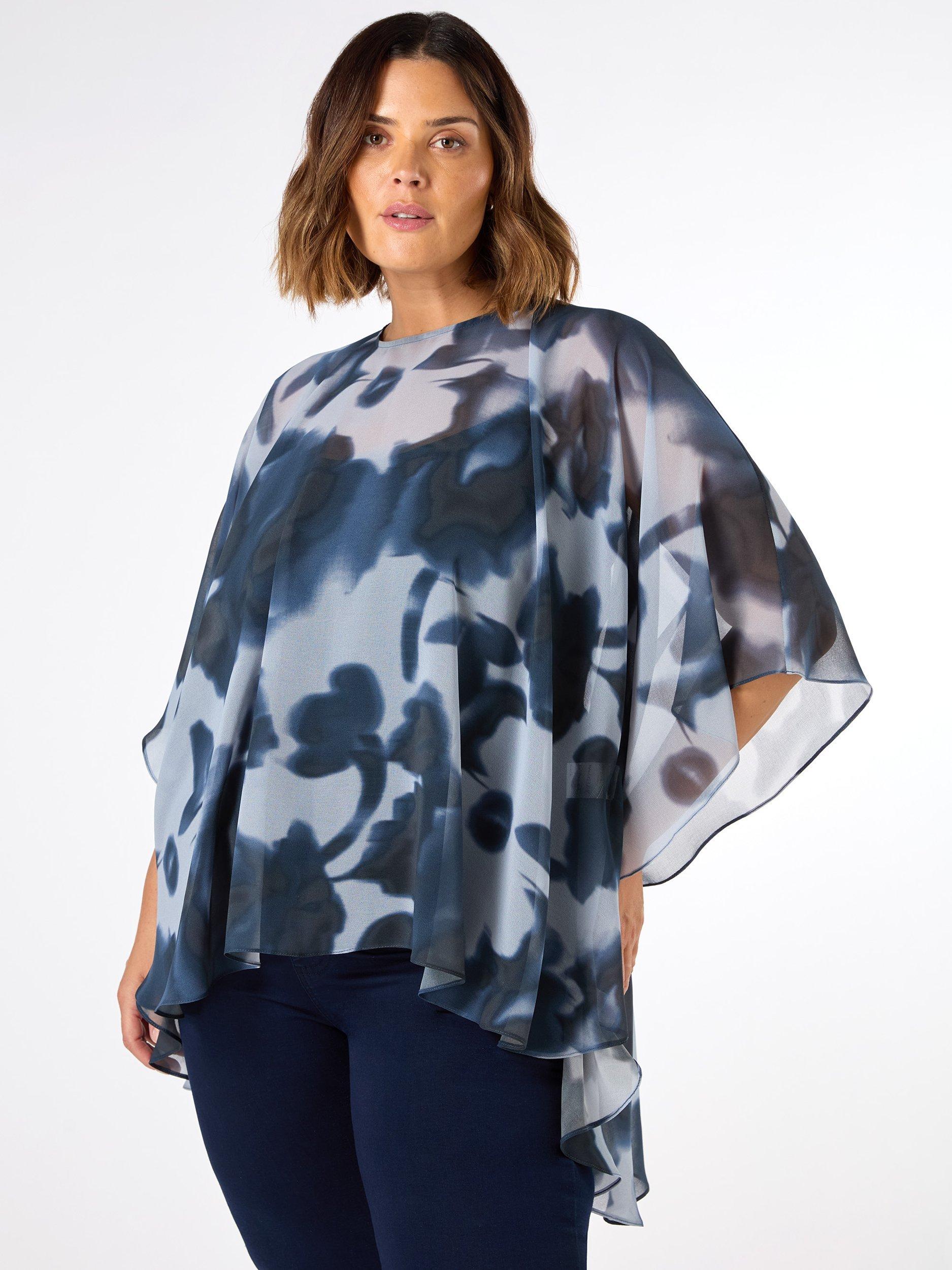Product image 4 of 6, which shows Live Unlimited Curve Abstract Floral High Low Overlay Top, Blue, 12