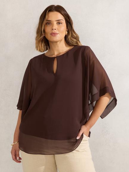 Live Unlimited Curve Keyhole Short Sleeve Blouse, Brown
