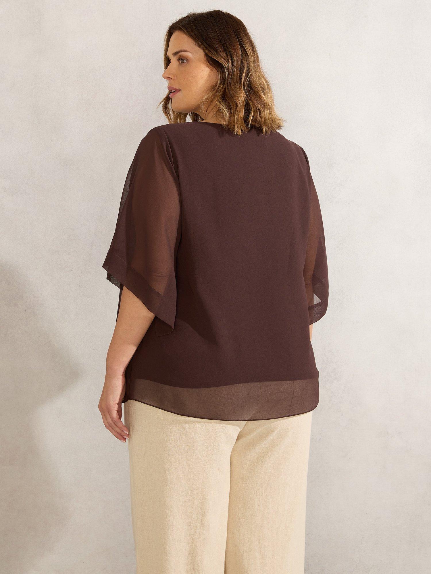 Product image 3 of 3, which shows Live Unlimited Curve Keyhole Short Sleeve Blouse, Brown, 12
