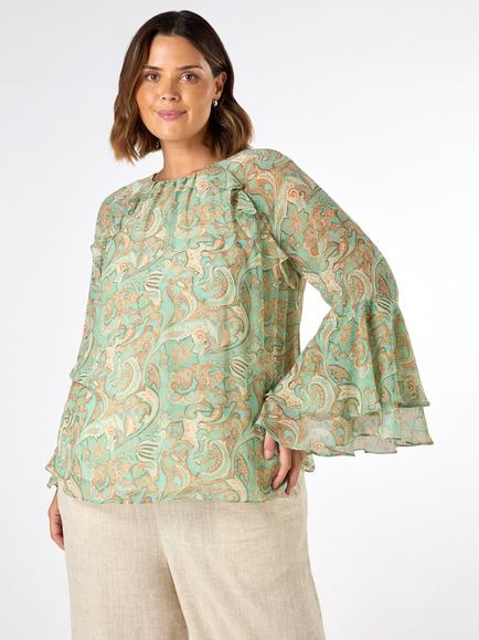 Live Unlimited Curve Paisley Print Frill Blouse, Green, Green