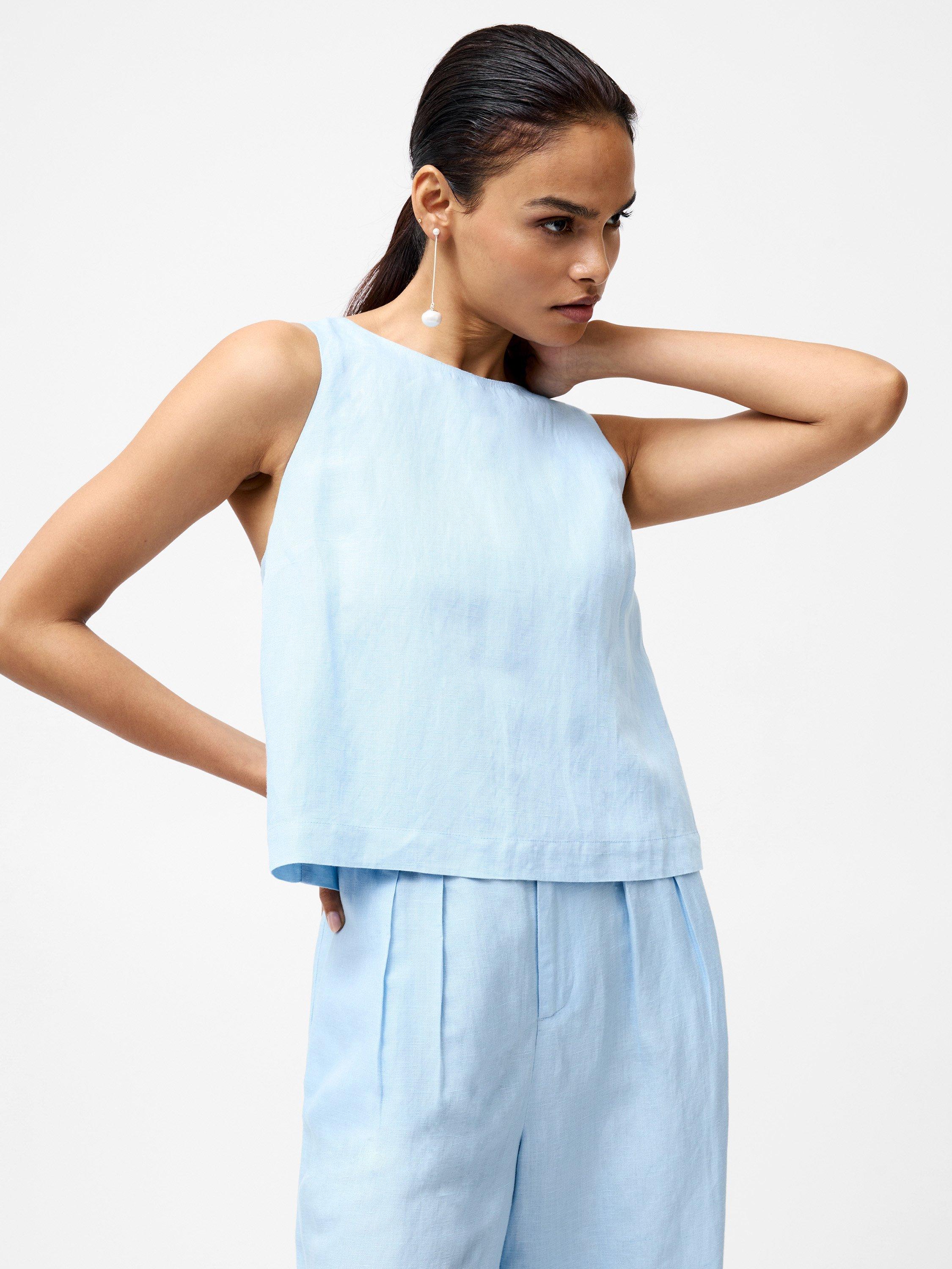 Product image 1 of 5, which shows French Connection Birdie Linen Tie Back Swing Top, Cashmere Blue, XS
