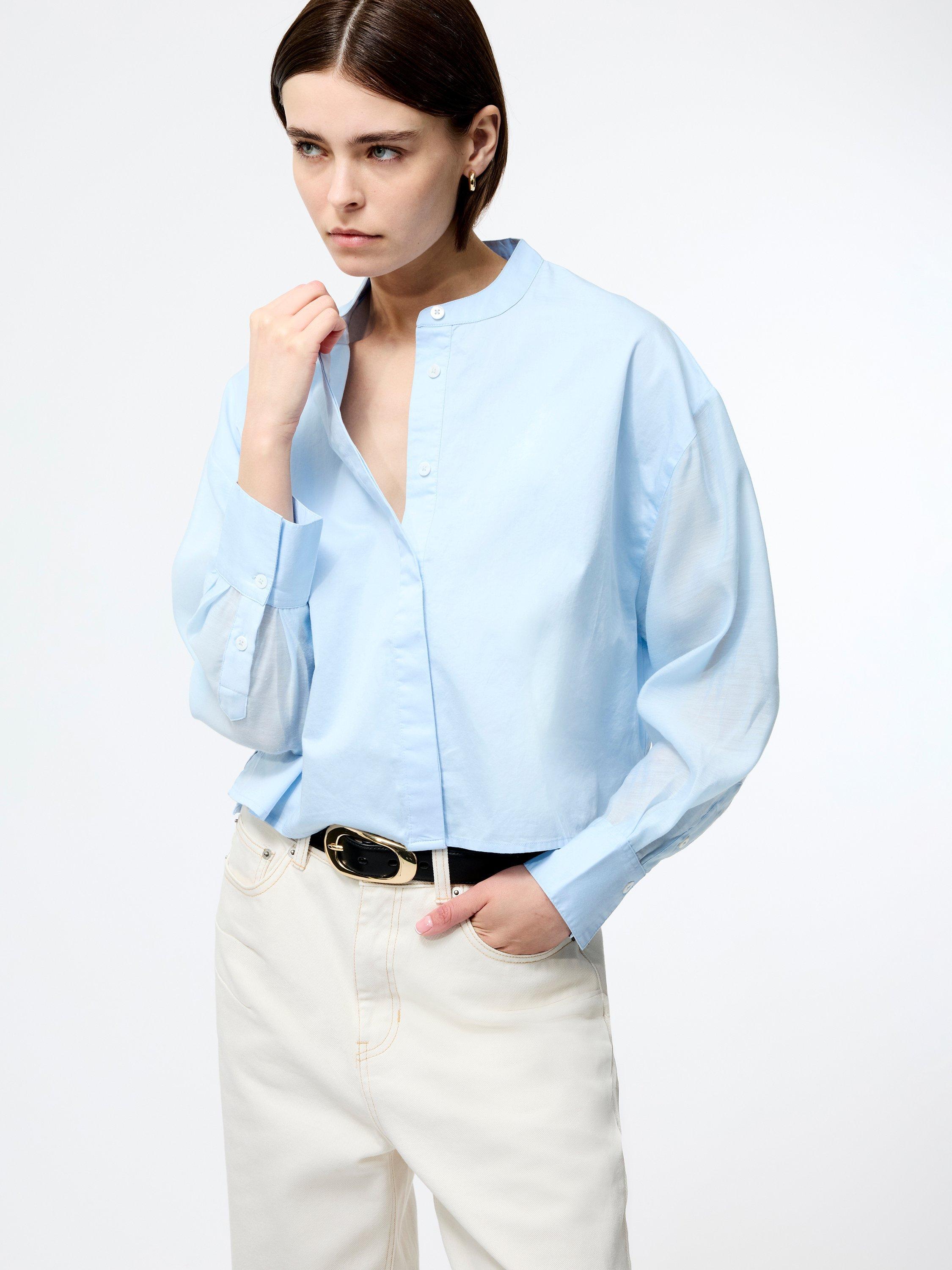 Product image 1 of 5, which shows French Connection Alexis Sheer Sleeve Shirt, Sky Blue, XS