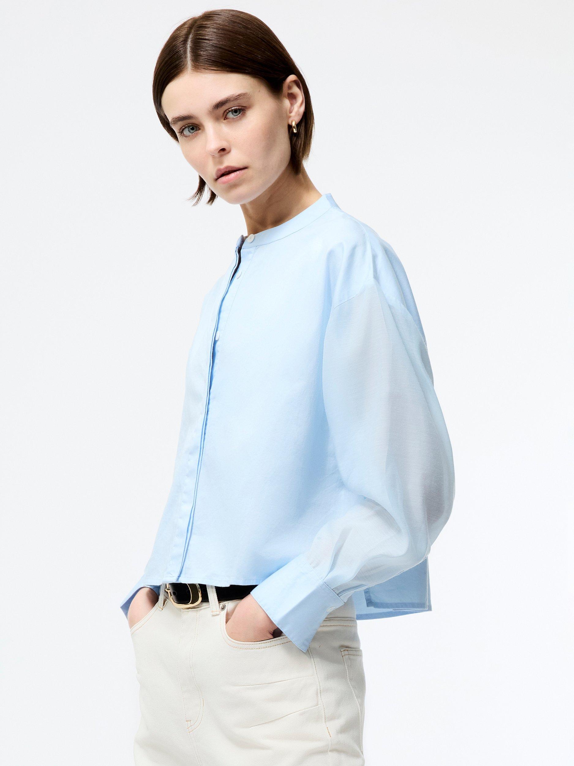 Product image 3 of 5, which shows French Connection Alexis Sheer Sleeve Shirt, Sky Blue, XS