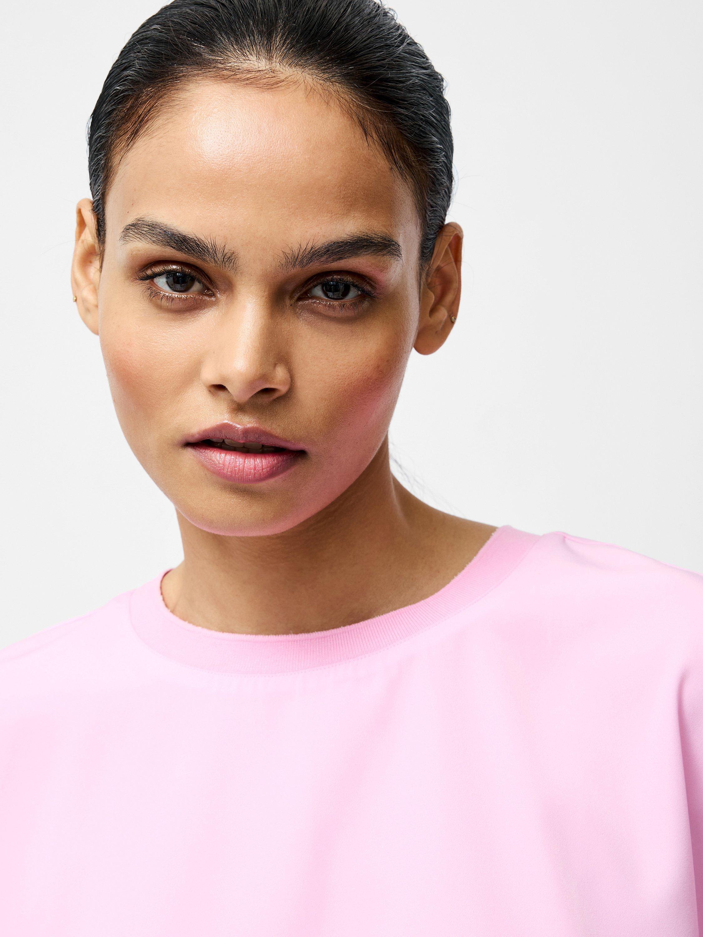 Product image 2 of 5, which shows French Connection Capriana Crew Neck Crepe T-Shirt, Bubblegum Pink, XS