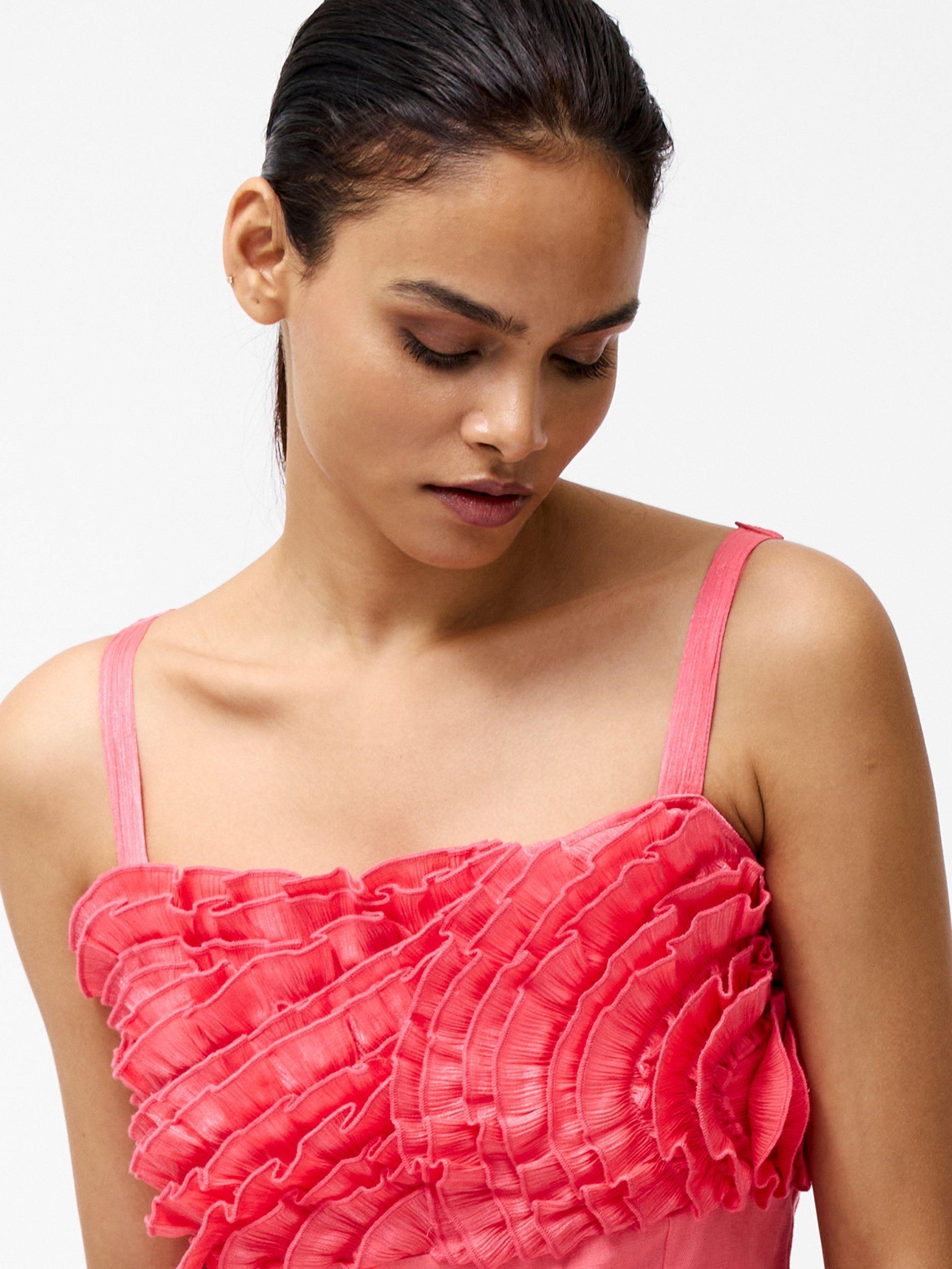 Product image 3 of 5, which shows French Connection Ariette Ruffle Midi Dress, Pink, 18