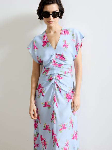 French Connection Vivienne Blossom Pleat Front Midi Dress, Blue, Blue