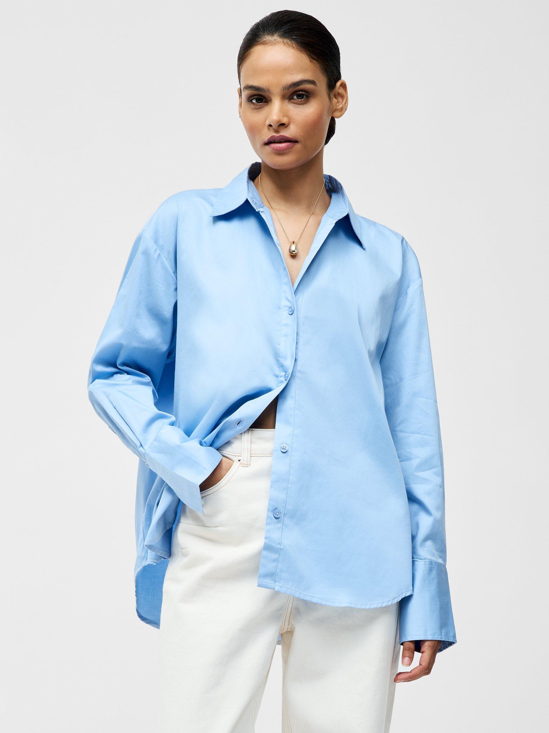 Product image 1 of 5, which shows French Connection Alexis Oversized Cross Back Shirt, Light Blue, XS