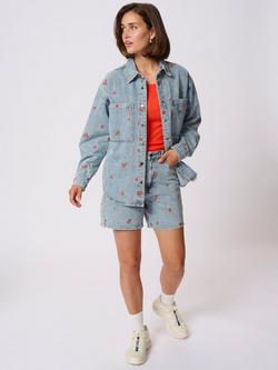 KAFFE Ababeth Embroidered Floral Denim Jacket, Blue Denim/Red, Blue Denim/Red