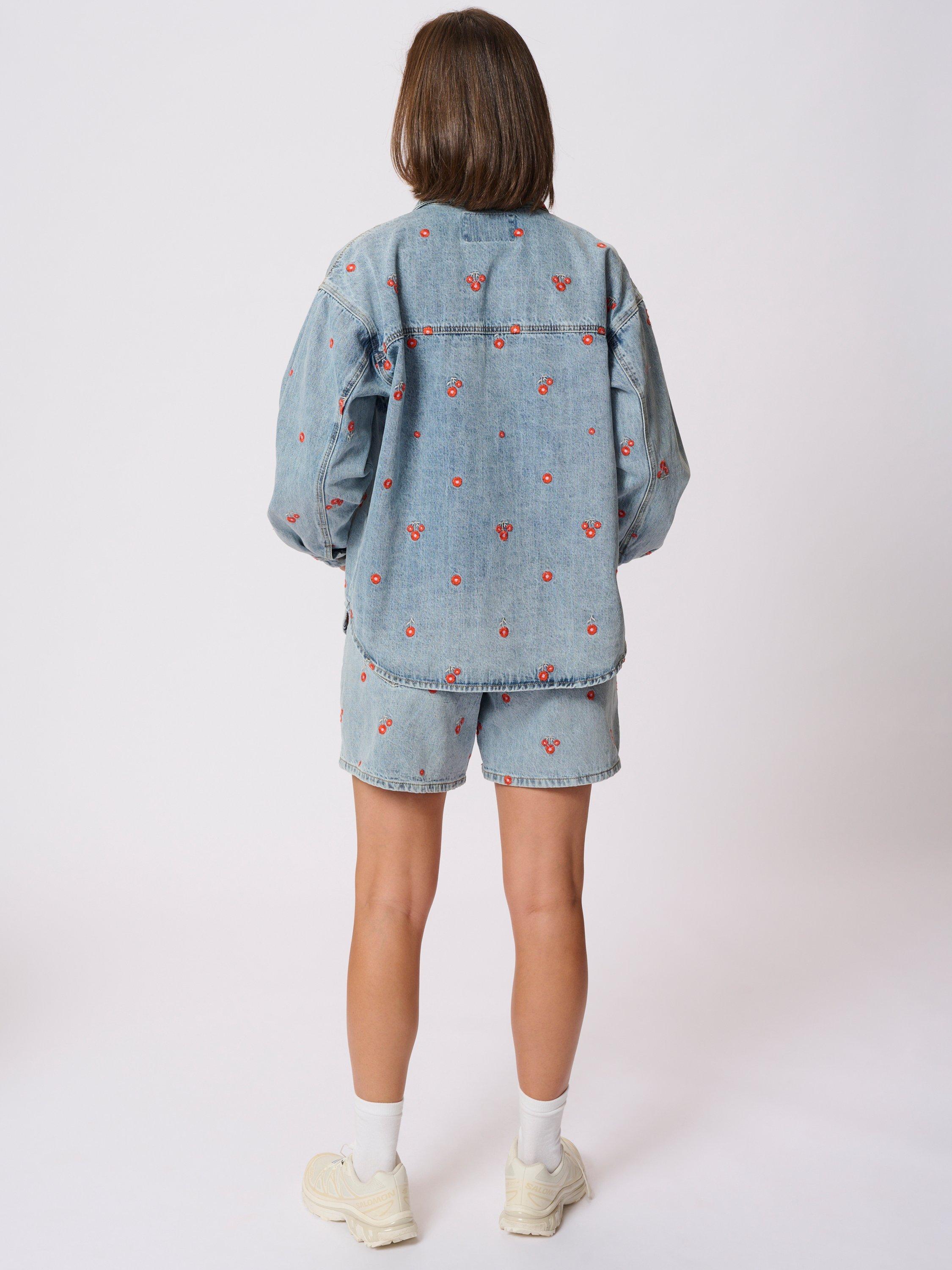 Product image 2 of 6, which shows KAFFE Ababeth Embroidered Floral Denim Jacket, Blue Denim/Red, 10