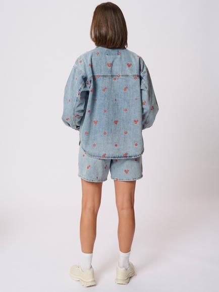 KAFFE Ababeth Embroidered Floral Denim Jacket, Blue Denim/Red - view 2, Blue Denim/Red