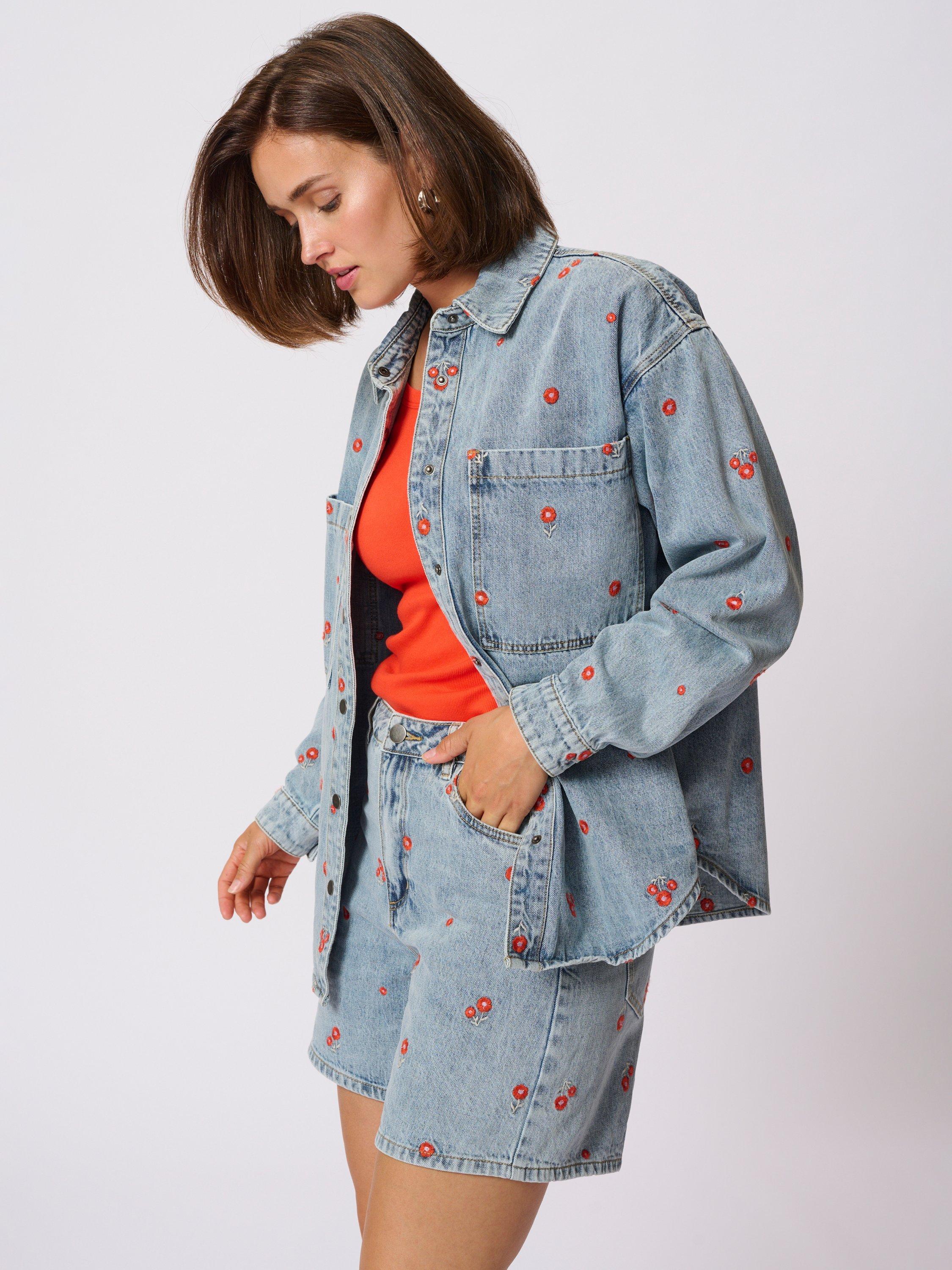 Product image 3 of 6, which shows KAFFE Ababeth Embroidered Floral Denim Jacket, Blue Denim/Red, 10